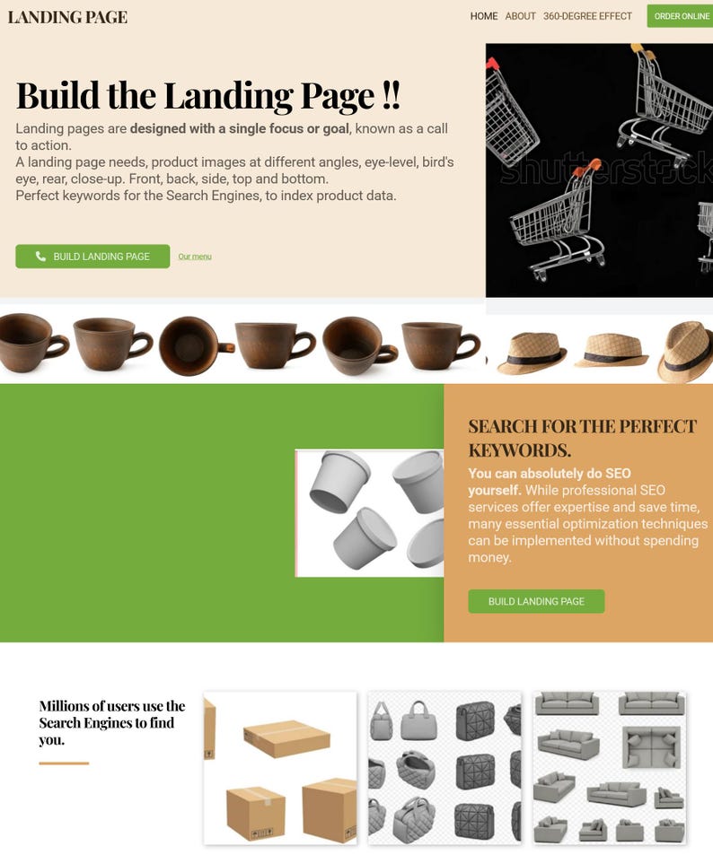May include: A webpage layout featuring text headers, a green button labelled BUILD LANDING PAGE, images of shopping carts, brown ceramic cups, straw hats, grey containers, cardboard boxes, handbags, and various grey sofa configurations.