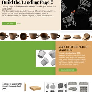 May include: A digital landing page layout featuring various product photography examples including metal shopping carts, brown ceramic mugs, straw hats, gray containers, cardboard shipping boxes, handbags, and gray sofas displayed in multiple angles.