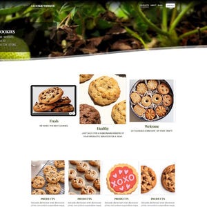 Peut inclure: Page d'accueil d'un site web présentant des cookies. La bannière supérieure affiche un feuillage vert. En dessous, des images présentent des cookies aux pépites de chocolat, des options saines et un assortiment de bienvenue. D'autres cookies sont affichés avec le texte "PRODUITS" en dessous de chaque image.