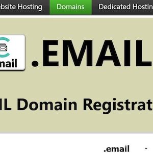 May include: A website interface with a light green background. The text reads ".EMAIL" in large, bold, black letters. Below, it says ".EMAIL Domain Registration." A search bar is at the bottom, with the text "my-new-domain" and a green "Search" button.