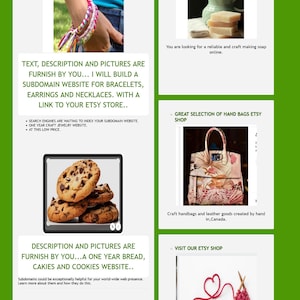 May include: Promotional image for an Etsy shop, featuring various product categories. Includes handmade soap, bracelets, cookies, handbags, knitting, candles, and candy. Text promotes website services for craft businesses.
