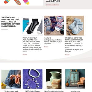Puede incluir: Un diseño de página web que muestra calcetines coloridos en un tendedero, varios calcetines tejidos, una persona tejiendo, pulseras de cuentas, una jarra de cerámica con jabones y un armario vintage con una silla, junto a texto sobre hosting.