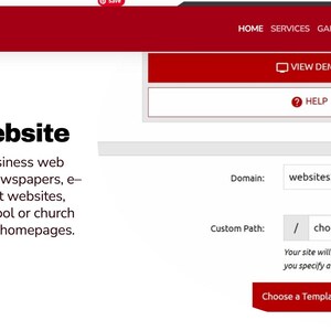 Może przedstawiać: Interfejs projektowania stron internetowych z czerwoną i białą kolorystyką. G&oacute;rny baner zawiera tekst "PUG CARE" i opcje nawigacji. Gł&oacute;wny obszar treści zawiera nagł&oacute;wek "Build Your Website" i opis typ&oacute;w stron internetowych.