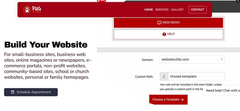 Może przedstawiać: Interfejs projektowania stron internetowych z czerwoną i białą kolorystyką. G&oacute;rny baner zawiera tekst "PUG CARE" i opcje nawigacji. Gł&oacute;wny obszar treści zawiera nagł&oacute;wek "Build Your Website" i opis typ&oacute;w stron internetowych.
