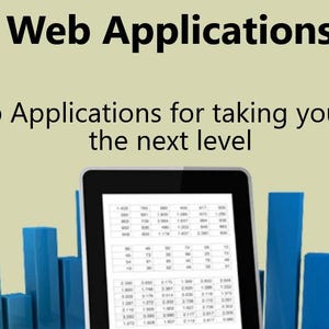 Może przedstawiać: Cyfrowy tablet wyświetlający dane, z niebieskimi wykresami słupkowymi na pierwszym planie. Tekst "Web Applications" znajduje się u g&oacute;ry, z hasłem "In-built Web Applications for taking your web site to the next level."