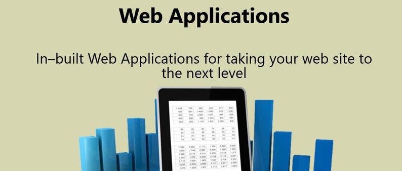 Może przedstawiać: Cyfrowy tablet wyświetlający dane, z niebieskimi wykresami słupkowymi na pierwszym planie. Tekst "Web Applications" znajduje się u g&oacute;ry, z hasłem "In-built Web Applications for taking your web site to the next level."