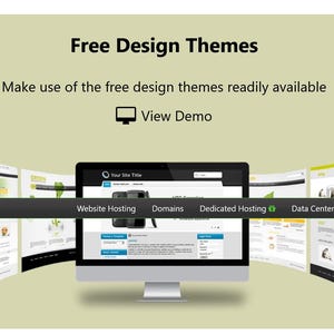 May include: A computer monitor displays a website template, surrounded by four curved, floating web page previews. A dark horizontal navigation bar overlays the centre, featuring text: Website Hosting, Domains, Dedicated Hosting, Data Centres, Contacts, Sign In.