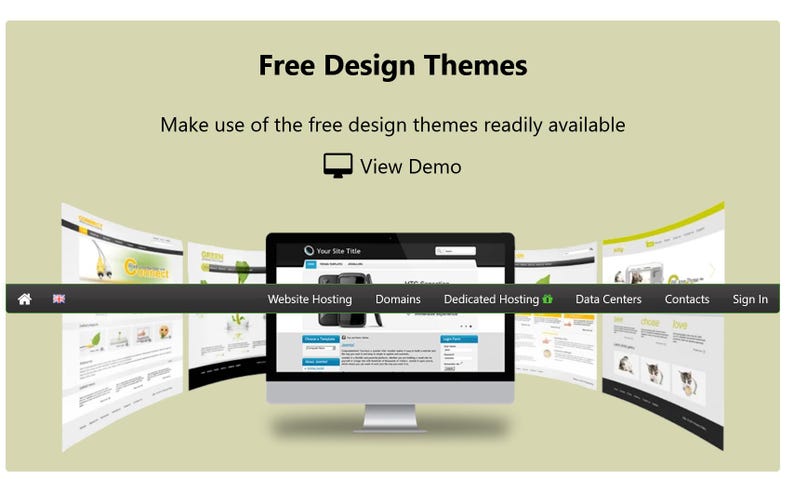 May include: A computer monitor displays a website template, surrounded by four curved, floating web page previews. A dark horizontal navigation bar overlays the centre, featuring text: Website Hosting, Domains, Dedicated Hosting, Data Centres, Contacts, Sign In.