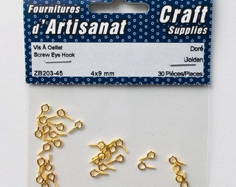 Crochets dorés, 4 mm x 9 mm, vis à oeil, 30 pièces pour la fabrication de bijoux