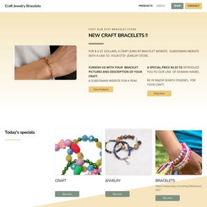 Puede incluir: Sitio web que promociona pulseras de joyería artesanal. La página presenta una pulsera dorada en una muñeca, junto con imágenes de varias pulseras de cuentas. El texto incluye "New Craft Bracelets!!" y llamadas a la acción.