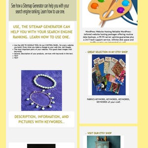 Może przedstawiać: Projekt strony internetowej z wieloma sekcjami. G&oacute;rna sekcja promuje instalator strony internetowej. Inne sekcje obejmują generator mapy witryny, hosting WordPress i promocję sklepu Etsy. Tekst zawiera słowa kluczowe dla SEO.