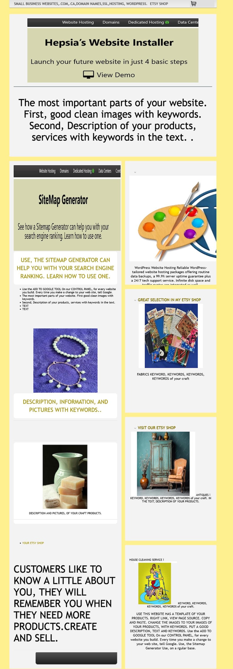 Może przedstawiać: Projekt strony internetowej z wieloma sekcjami. G&oacute;rna sekcja promuje instalator strony internetowej. Inne sekcje obejmują generator mapy witryny, hosting WordPress i promocję sklepu Etsy. Tekst zawiera słowa kluczowe dla SEO.