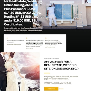 Könnte beinhalten: Werbung für Website-Design-Dienstleistungen. Der Text enthält "Ich erstelle Websites, eine Seite, für Immobilien, Hochzeiten, Online-Verkauf usw." Eine Person streicht ein Haus. Ein Hochzeitspaar ist ebenfalls abgebildet.