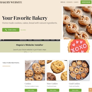 May include: A bakery website interface featuring text that reads BAKERY WEBSITE, Your Favorite Bakery, Home made cookies, cakes, bread with natural ingredients, and Hepsia's Website Installer. Images show various cookies on trays and in a round tin.