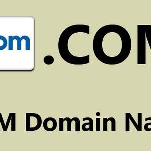 May include: The image displays the text ".COM" in large, bold, black letters, with a smaller white box containing ".com" in blue. Below, the text ".COM Domain Names" is shown in black.