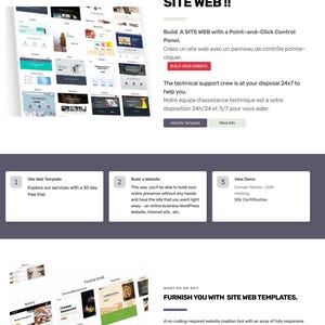 Op de afbeelding: Een landingspagina van een website met de titel Build a SITE WEB, met een raster van websitetemplates, een rode knop met de tekst BUILD YOUR WEBSITE en secties over domeinnamen, hosting en SSL-certificaten voor het maken van websites.