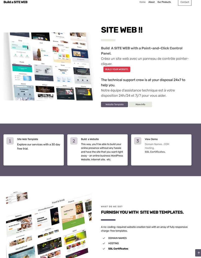 May include: A website landing page titled Build a SITE WEB featuring a grid of website templates, a red button labelled BUILD YOUR WEBSITE, and sections detailing services including domain names, hosting, and SSL certificates for web creation.