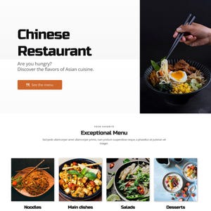 Może przedstawiać: Projekt strony internetowej dla chińskiej restauracji. Nagł&oacute;wek zawiera nazwę restauracji i linki nawigacyjne. Gł&oacute;wna sekcja zawiera nazwę restauracji, hasło reklamowe i wezwanie do działania. Poniżej znajdują się zdjęcia makaronu, dań gł&oacute;wnych, sałatek i deser&oacute;w.