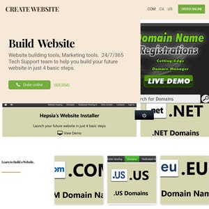 May include: A website design with the text "CREATE WEBSITE" at the top. The page promotes website building tools and domain name registrations. It includes sections for website installation and domain name searches, with call-to-action buttons.