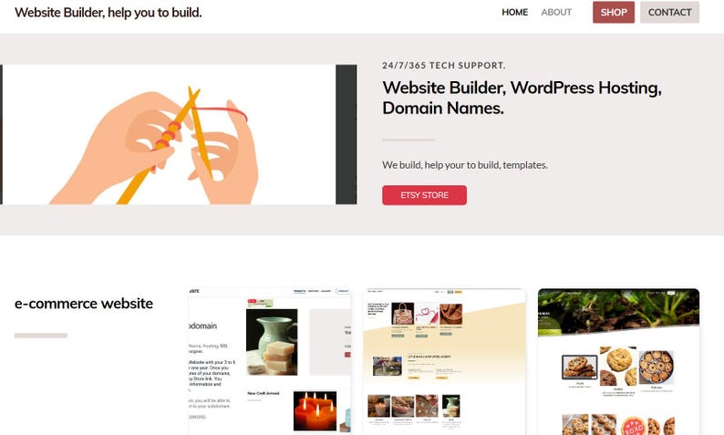 Może przedstawiać: Strona gł&oacute;wna Website Builder z grafiką dłoni dziergających pomarańczowymi drutami i czerwoną przędzą. Strona zawiera tekst: Website Builder, WordPress Hosting, Domain Names. Widoczny jest przycisk Etsy Store.