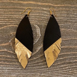 Leather Black & Gold Feather Earrings