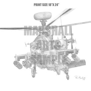 May include: A black and white pencil drawing of an Apache helicopter. The helicopter is facing the viewer and has its rotors spinning. The drawing is signed by the artist, Ron Marshall, and dated 2020. PRINT SIZE 18" X 24"