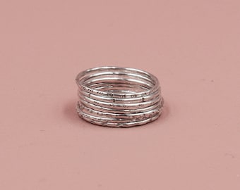 925 sterling silver multiple rings, 7 stacked or phalange independent hammered rings