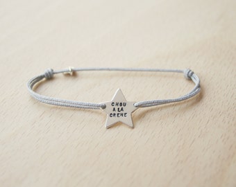 Personalized silver message star children's bracelet, adjustable on colored cord