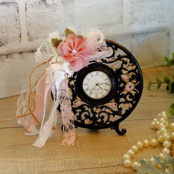 Shabby Chic Romantic Clock Solid Cast Metal Kirk Stieff Quartz Pink and Black Clock French Chic Desk Clock Hand Painted Shabby Chic Clock