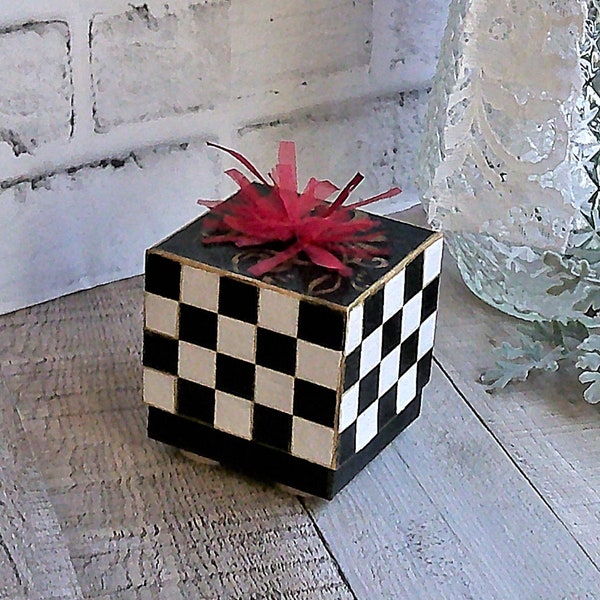 Black and White Checkered Gift Jewelry Box Decorative Storage Box Whimsical Checks Decor Buffalo Check Decor Hand painted Checkerboard Decor