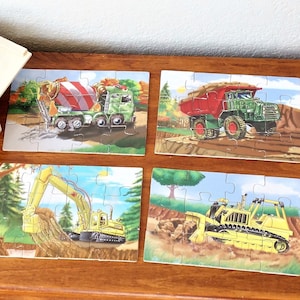Melissa & Doug Vintage Construction Worker Toys Wooden Puzzles SET/4 Bulldozer Dump Truck Backhoe Cement Truck Learning Game for Toddlers 3+