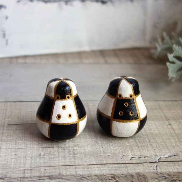 Whimsical Checks Mini Salt and Pepper Shakers Black and White Checkered Dining Decor Buffalo Check Decor Handmade Checkerboard Courtly Decor