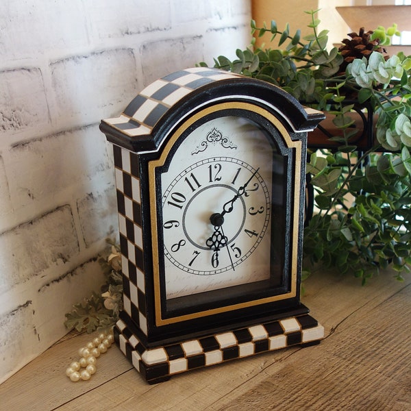 Courtly Clock Hand Painted Black and White Check Decor Buffalo Check Clock Checkered Mantle Clock Hand Painted Checks Hand Painted Whimsy