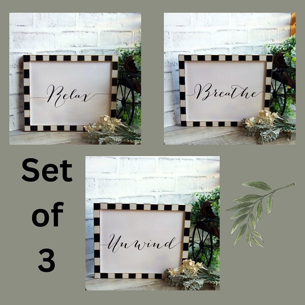 Courtly Pictures Checked Picture Frames Hand Painted Checks Inspirational Word Art Set/3 Checkered Wall Decor Black and White Check Pictures