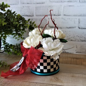 Alice in Wonderland Flower Arrangement Black Checks Small Centerpiece Fantasy Flowers Checkered Decor Whimsical Checks Playing Cards Decor