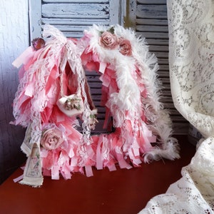 Ballet Slippers Rag Wreath Handmade Ballerina Decor, Ballet Shoes Tabletop Picture Frame, Fancy Pink Vanity Decor, Shabby Chic Diva Decor