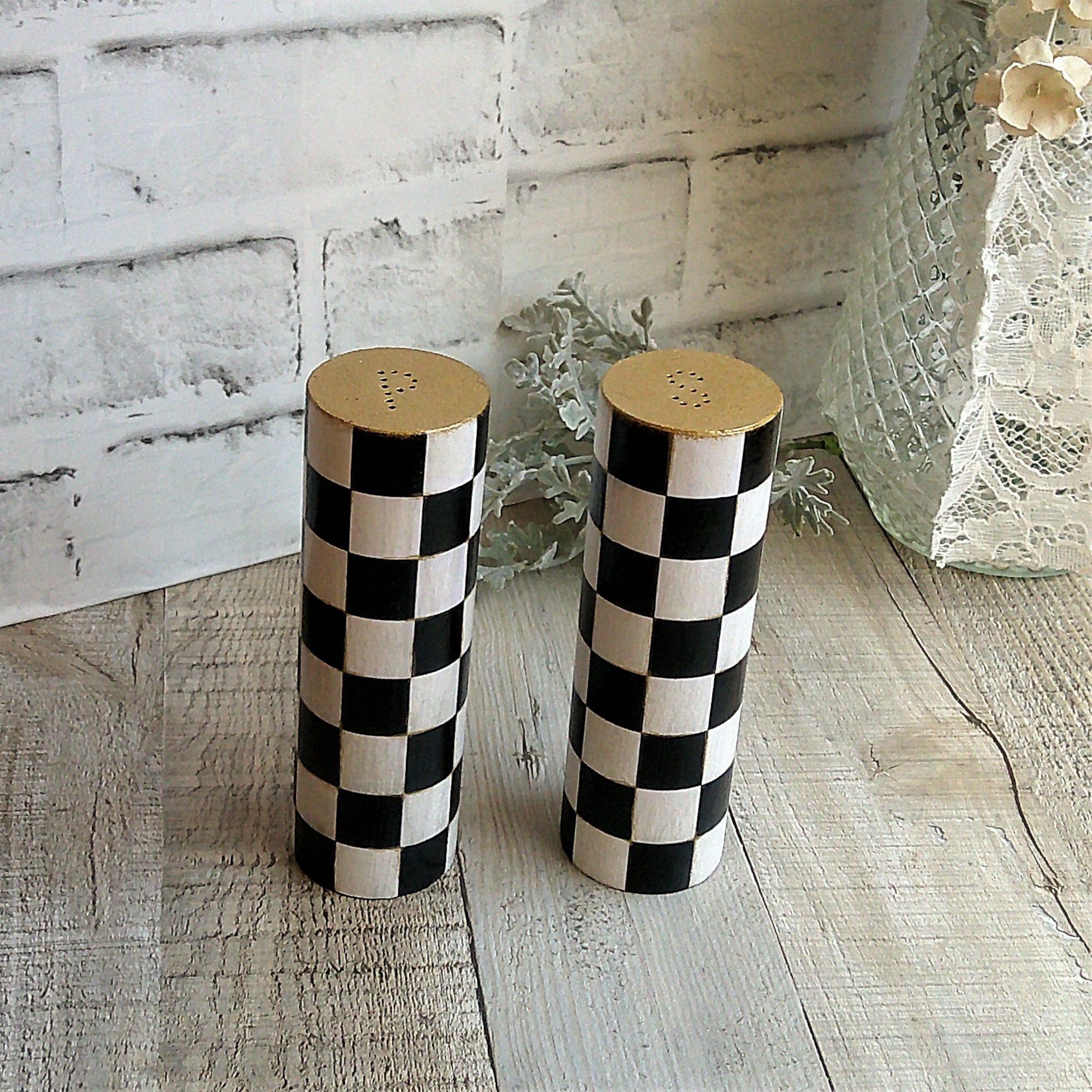 Whimsical Checkers Tall Salt and Pepper Shakers Black White Etsy