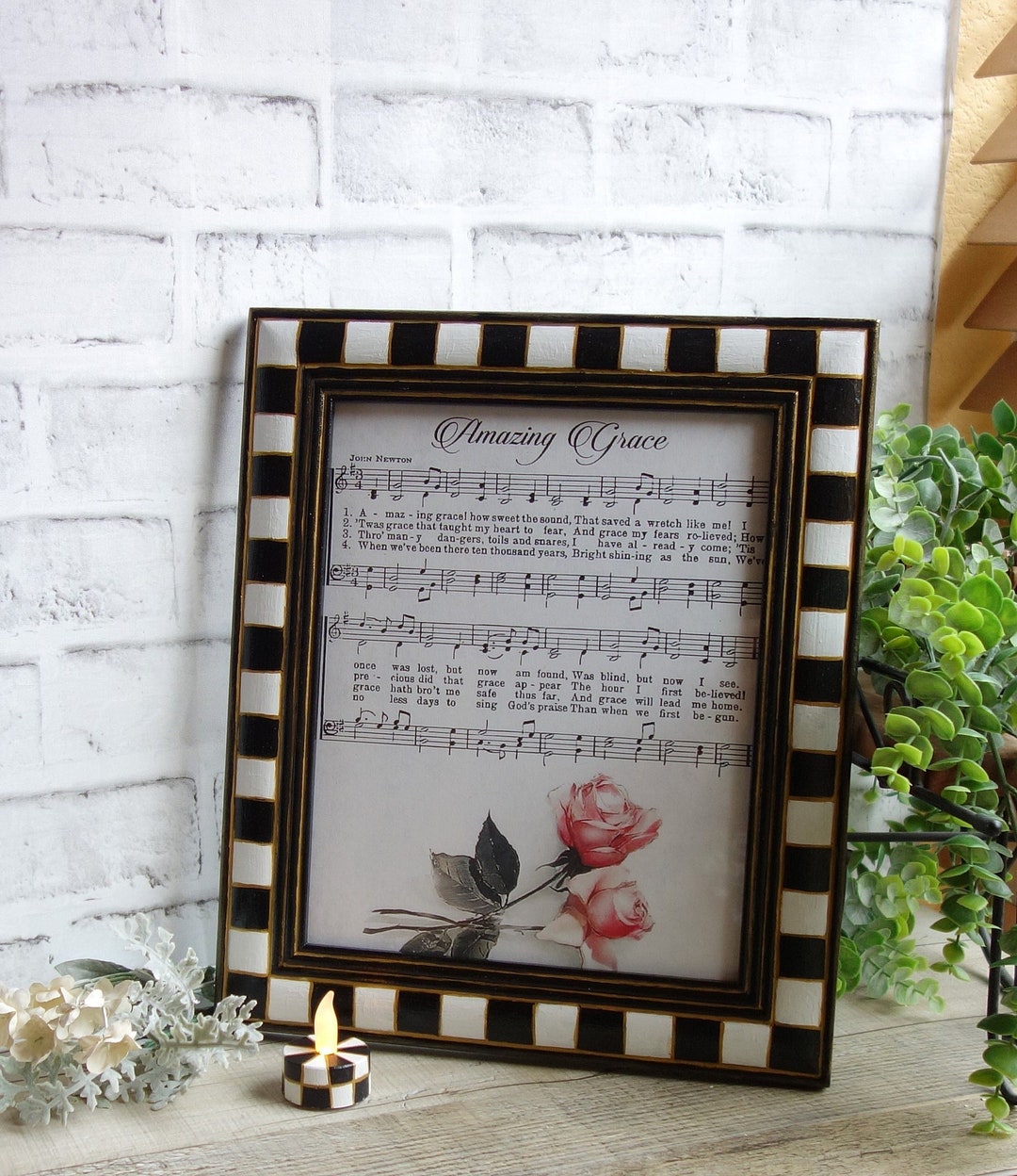 Hand Painted Checks Picture Frame Black White Checkered Pattern With