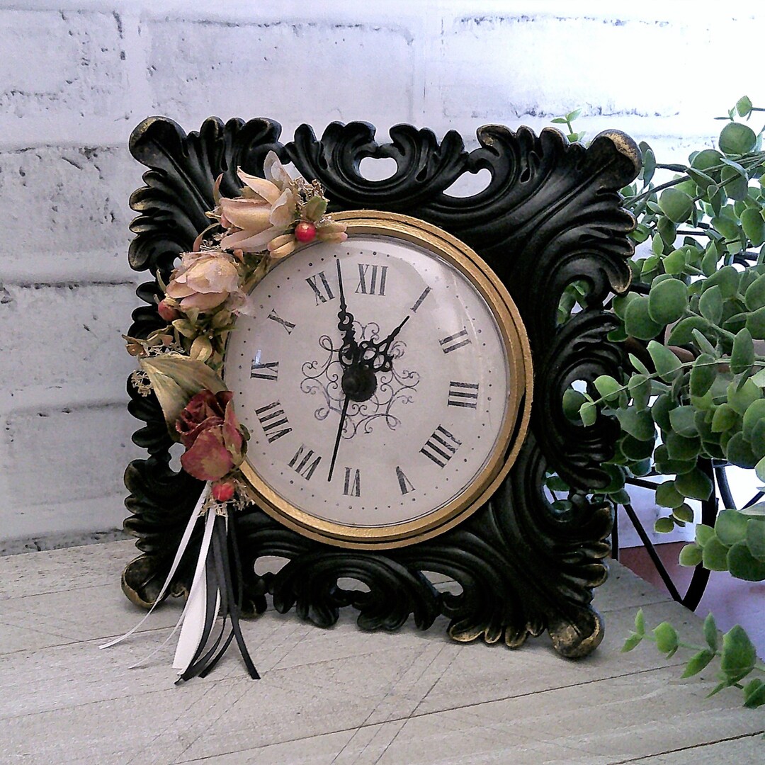 Vintage Rose Clock Black and Gold Clock Decor Custom Decorative Mantle ...