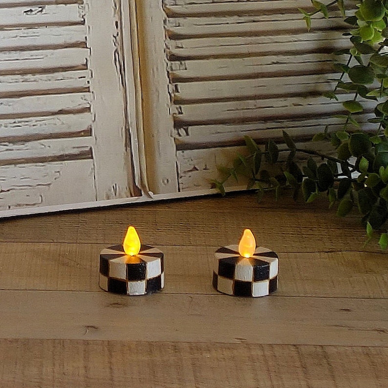 Black Checked Candle Flickering Flame Tealight Hand Painted Black and