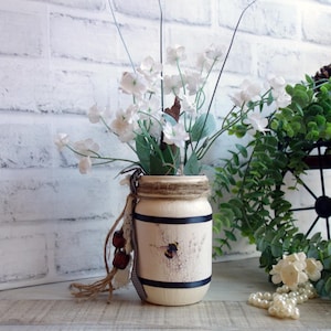 Rustic Honey Bee Jar Vase Sepia Style, Bumblebee Vase, Bee Decor, Primitive Bee, Save The Bees