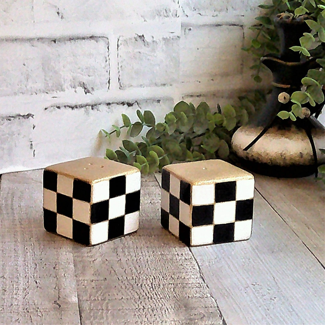 Whimsical Checks Salt and Pepper Shakers Black and White Checkerboard ...