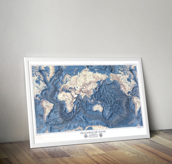World Map Ocean Floors And Land Relief Map Of The Ocean Map Of The World Vintage Map Reprint Ocean Floor Map