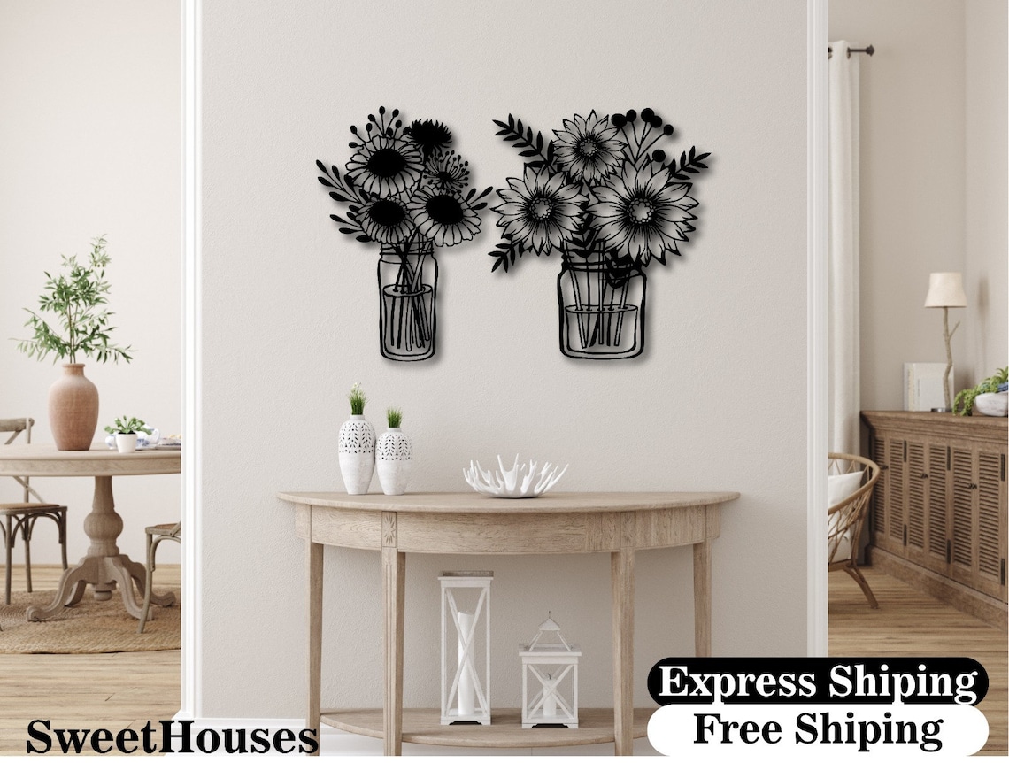 Flowers in Vase Metal Wall Decor Set potted Flower Metal Wall - Etsy