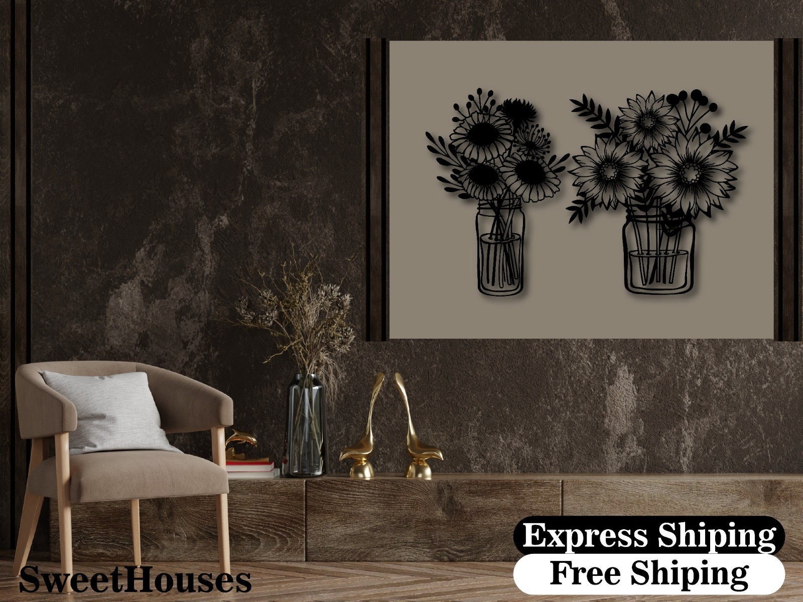Flowers in Vase Metal Wall Decor Set ,potted Flower Metal Wall Decor ...