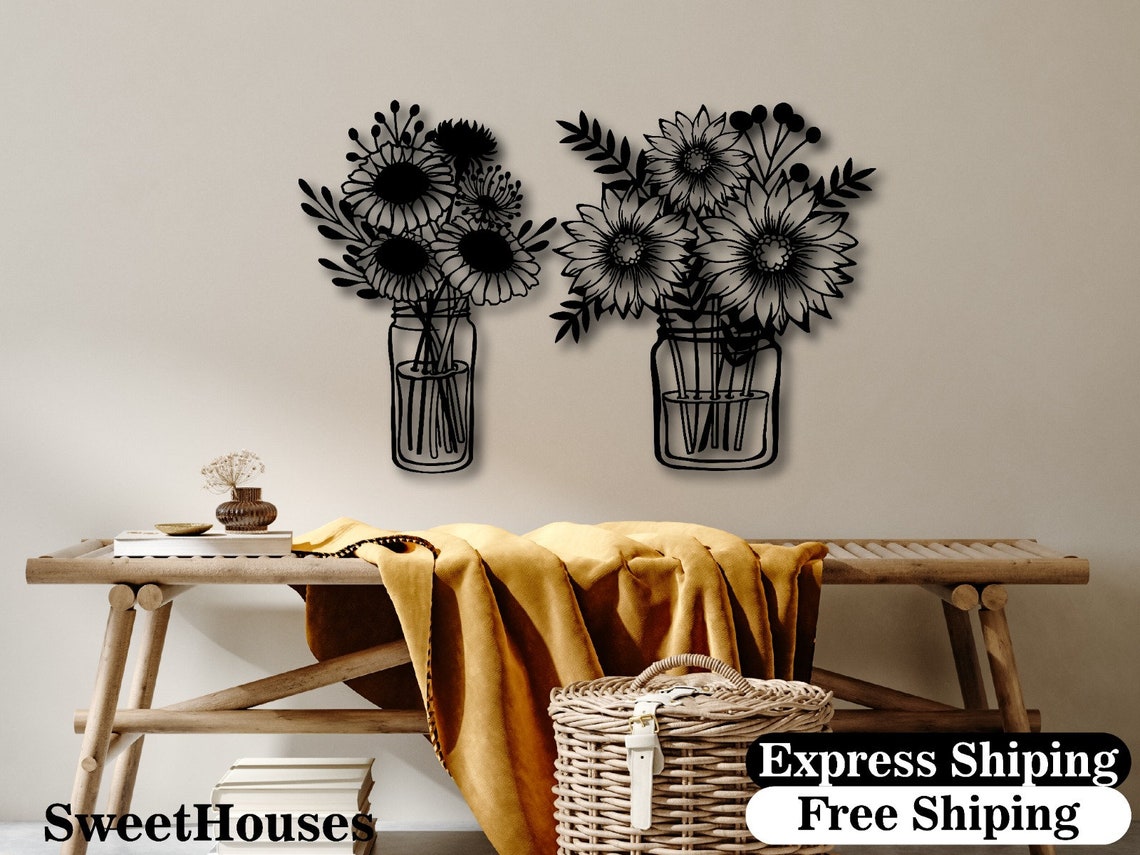 Flowers in Vase Metal Wall Decor Set ,potted Flower Metal Wall Decor ...