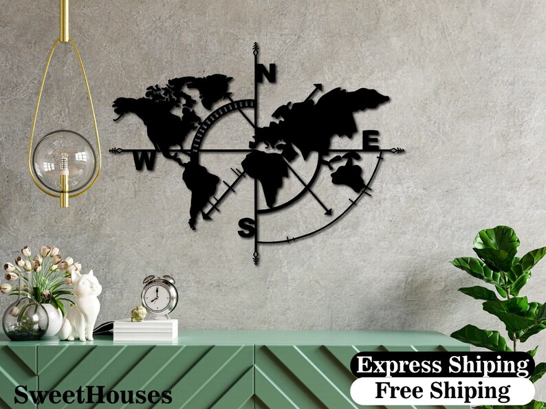 Compass World Map Office Metal Wall Decor Metal World Map Etsy