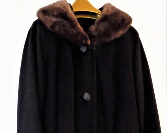Parkmoor Women's Black Overcoat, Wool with Mink Collar, Vintage Coat by Parkmoor