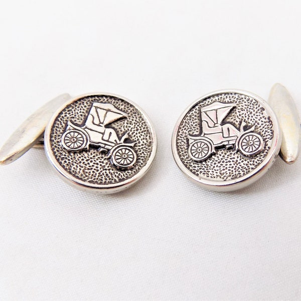 Antique Car Cufflinks, Silver Tone, Blackened, Early 1900s Coupe, Car Enthusiast, Casual Cuff Links, Mid Century, Car Guy