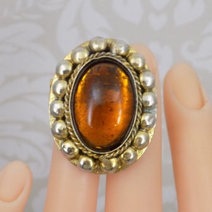 Amber Glass Brooch, Gold Tone, Brass Roping, Large Oval Cabochon, Studio Jewelry, Brass Beaded Frame